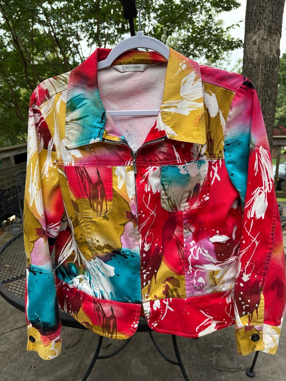 erin london Multicolor Abstract Print Jean Jacket - Red, Turquoise & Mustard